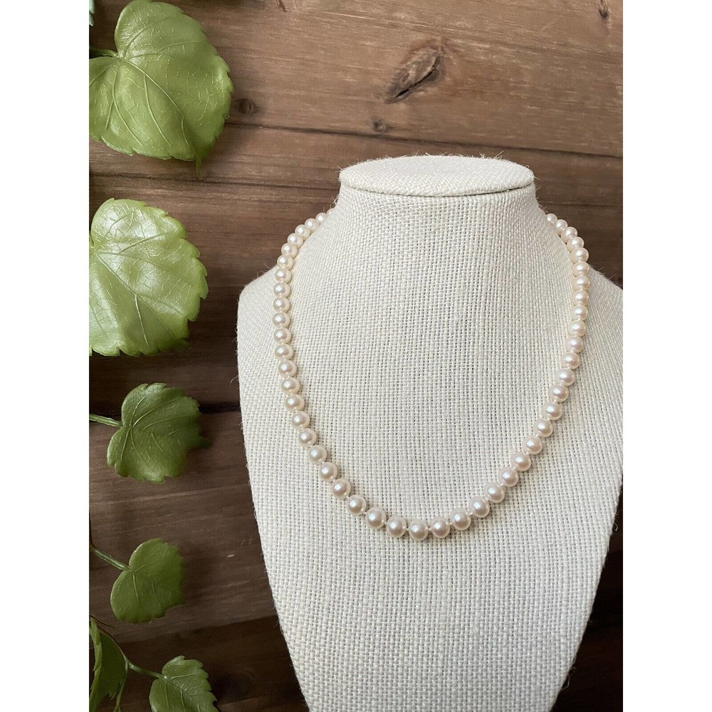 14k White Gold 6mm Pearl Necklace - 17” Hand Knotted - Rose Overtone Lustre